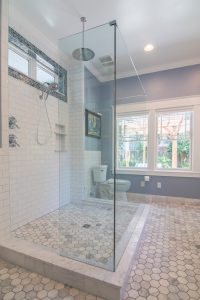 Glass Open Shower Area with Rain Shower and Tiled Window